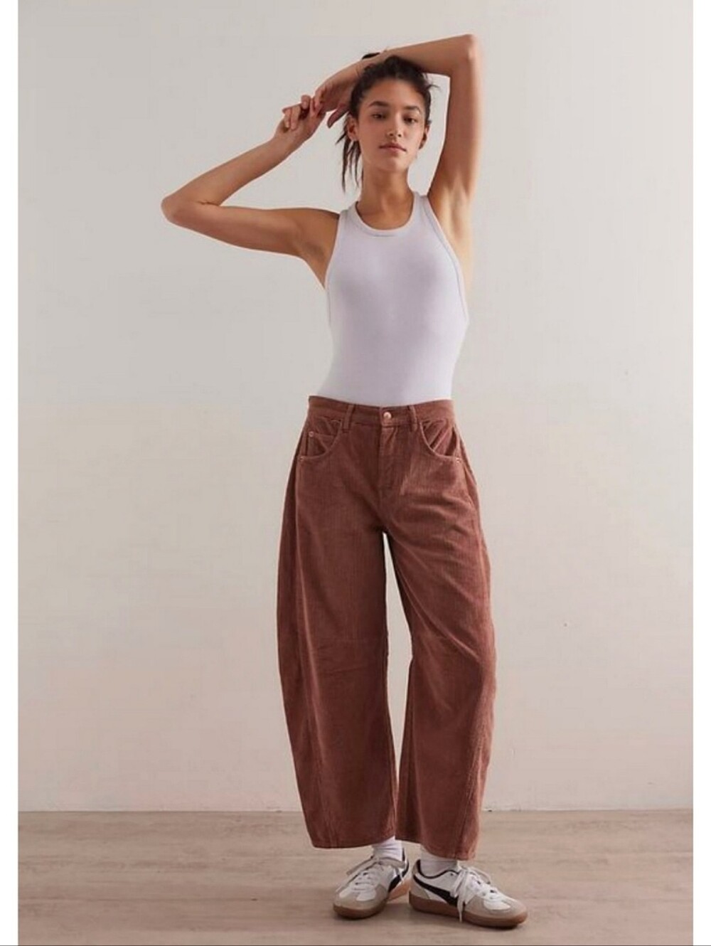 Free People We The Free Good Luck Mid-Rise Cord Barrel Jeans in Emperador